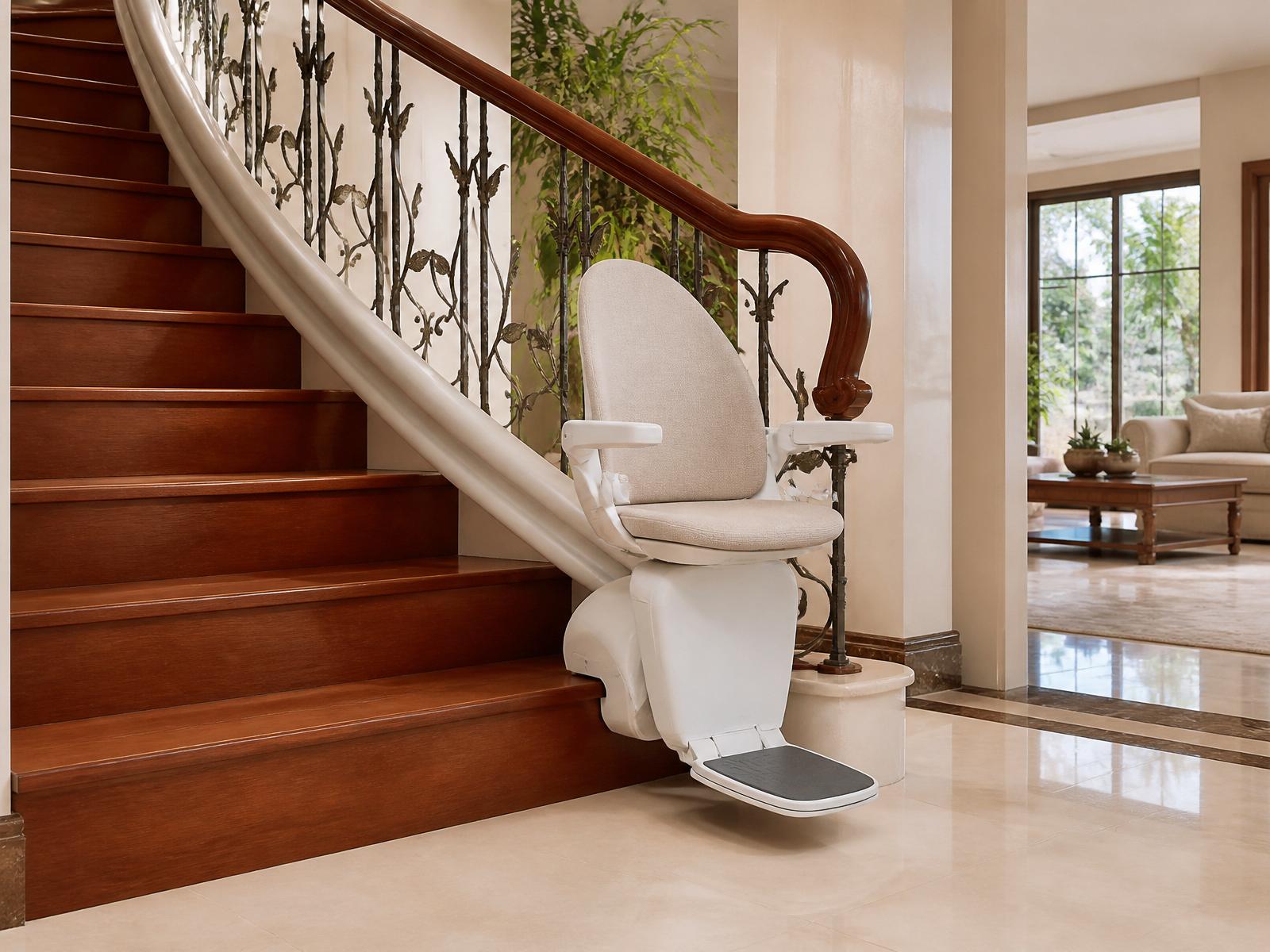 Cadeira elevatória Ellos instalada em escada curva de residência elegante